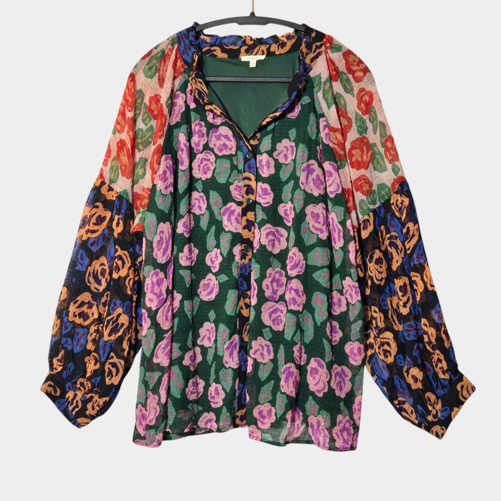 Jodifl Nora Hunter Color Block Floral Mix Print Button Down Blouse L Artsy Boho